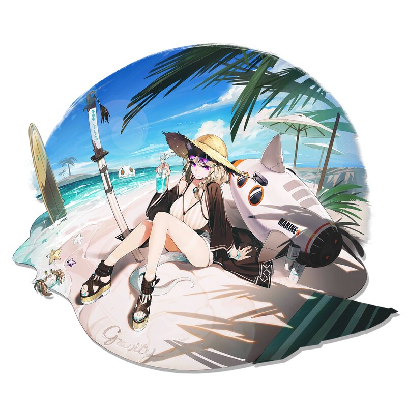 Anime Girl on Beach — Blue, Relaxed, Afternoon, Digital Art, Surfboard