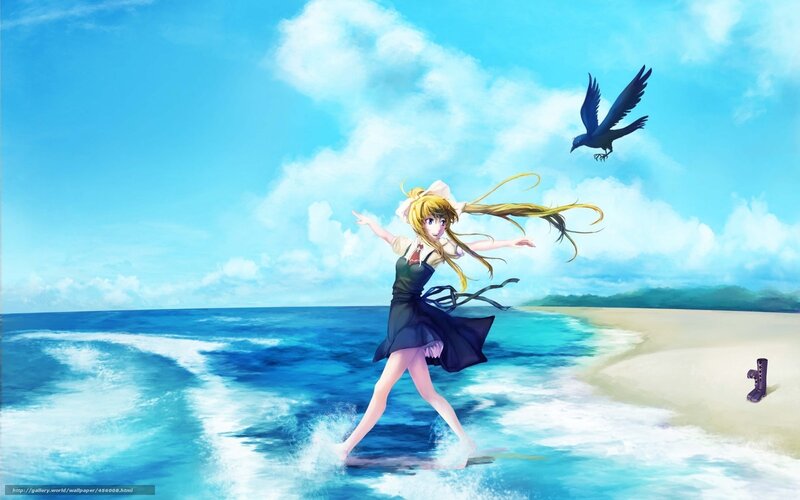 Anime Girl on Beach — Blue, Serene, Afternoon, Digital Art, Bird
