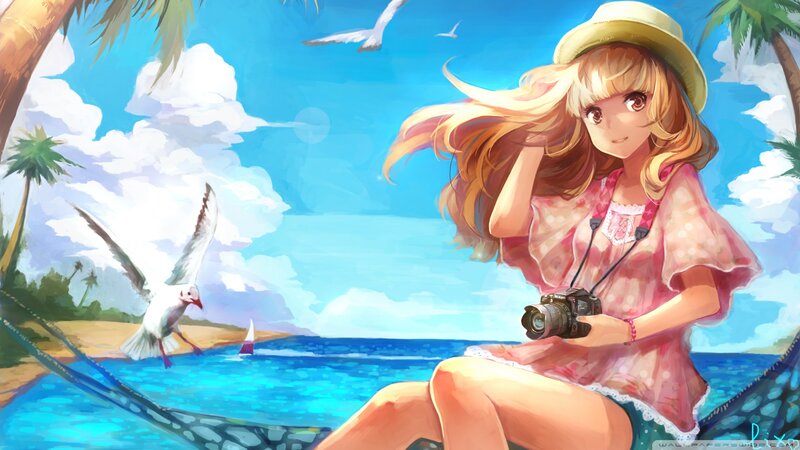 Anime Girl on Beach — Blue, Serene, Afternoon, Digital Art, Camera, Seagull