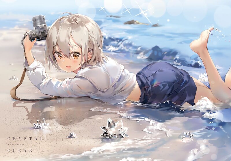 Anime Girl on Beach — Blue, Serene, Afternoon, Digital Art, Camera, Waves