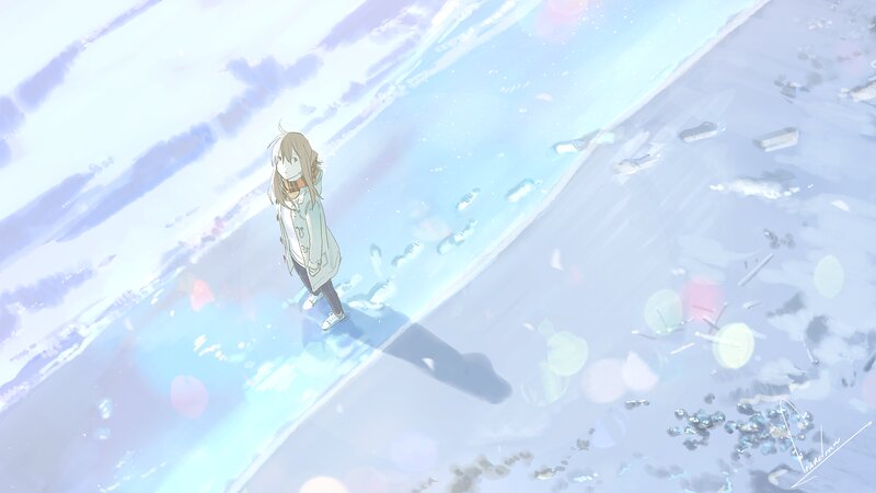 Anime Girl on Beach — Blue, Serene, Afternoon, Digital Art, Footprints