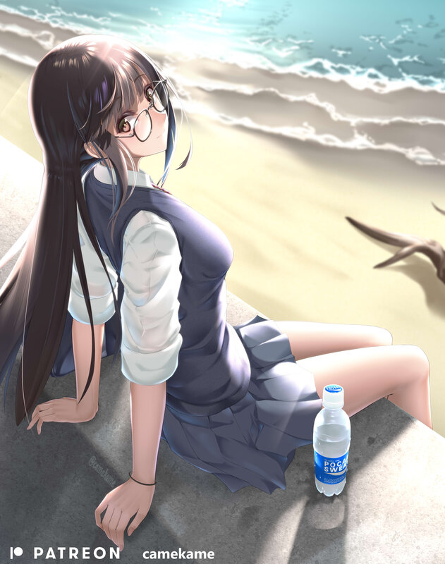 Anime Girl on Beach — Blue, Serene, Afternoon, Digital Art, Glasses
