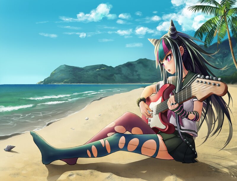 Anime Girl on Beach — Blue, Serene, Afternoon, Digital Art, Guitar