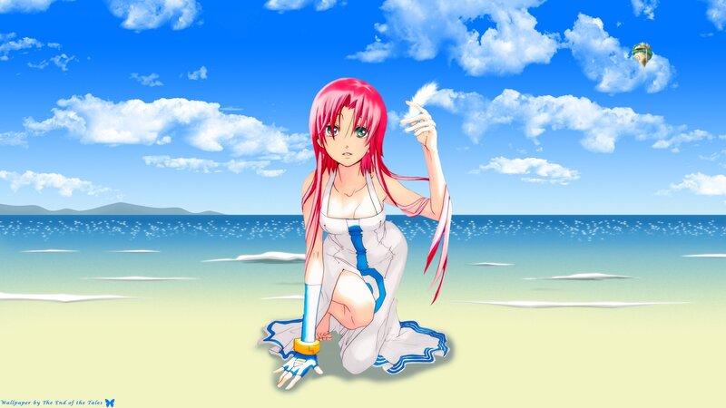 Anime Girl on Beach — Blue, Serene, Afternoon, Digital Art, Ocean