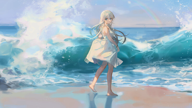 Anime Girl on Beach — Blue, Serene, Afternoon, Digital Art, Ocean Waves