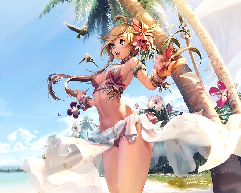 Anime Girl on Beach — Blue, Serene, Afternoon, Digital Art, Palm Tree