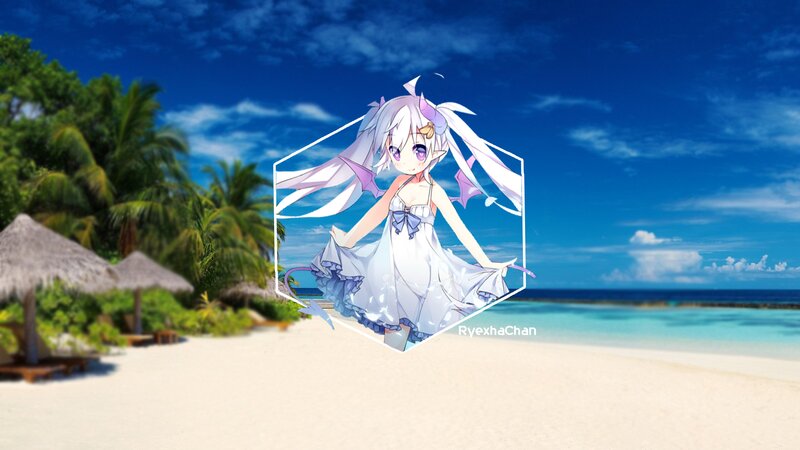 Anime Girl on Beach — Blue, Serene, Afternoon, Digital Art, Palm Trees