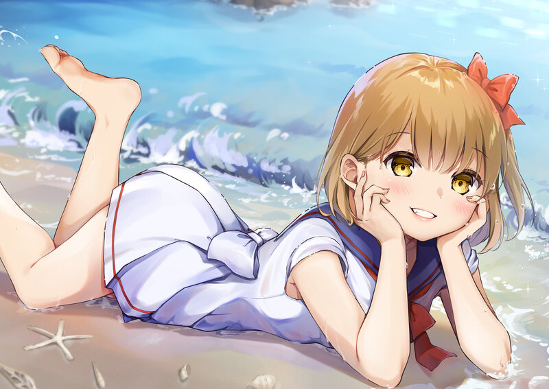 Anime Girl on Beach — Blue, Serene, Afternoon, Digital Art, Waves