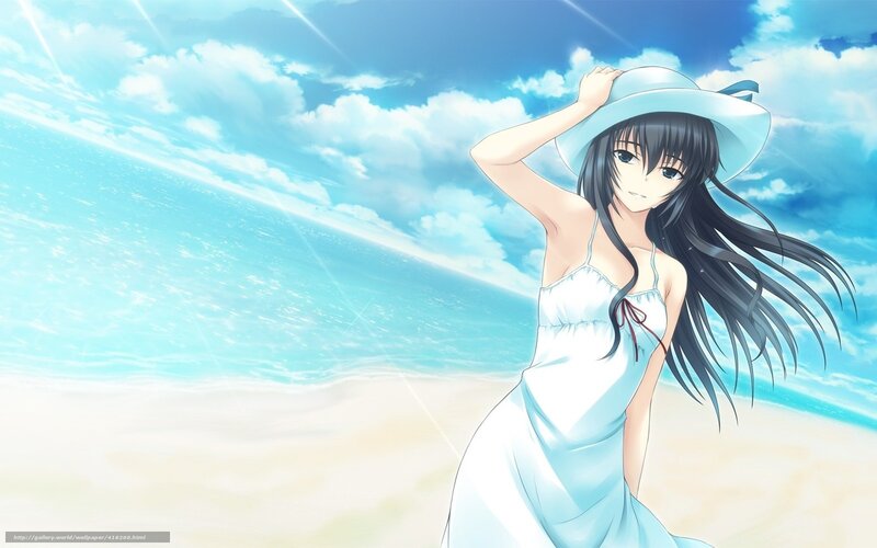 Anime Girl on Beach — Blue, Serene, Afternoon, Hat, Dress, Ocean