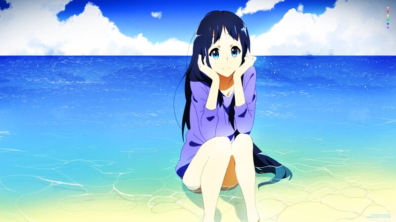 Anime Girl on Beach — Blue, Serene, Afternoon, Ocean, Sky, Clouds