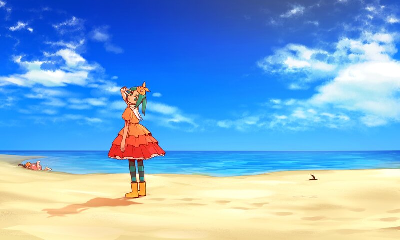 Anime Girl on Beach — Blue, Serene, Afternoon, Ocean, Sky, Sand