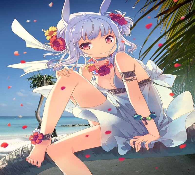 Anime Girl on Beach — Blue, Serene, Afternoon, Palm Tree, Flowers
