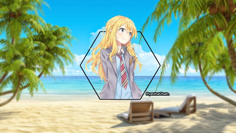 Anime Girl on Beach — Blue, Serene, Afternoon, Palm Trees, Ocean