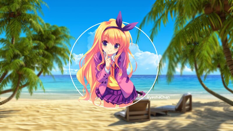 Anime Girl on Beach — Blue, Serene, Afternoon, Palm Trees
