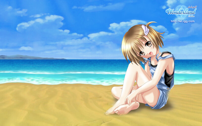 Anime Girl on Beach — Blue, Serene, Afternoon, Sand, Ocean, Sky