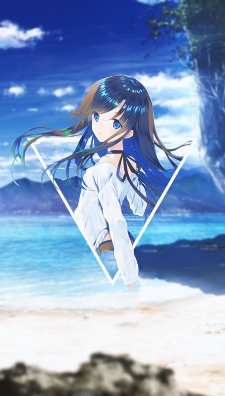 Anime Girl on Beach — Blue, Serene, Afternoon, Sea, Mountains
