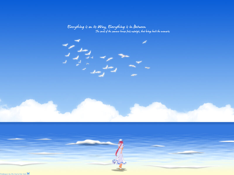 Anime Girl on Beach — Blue, Serene, Afternoon, Seagulls, Ocean, Clouds