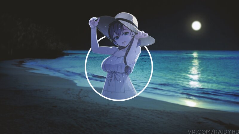 Anime Girl on Beach — Blue, Serene, Night, Digital Art, Moon, Ocean, Hat