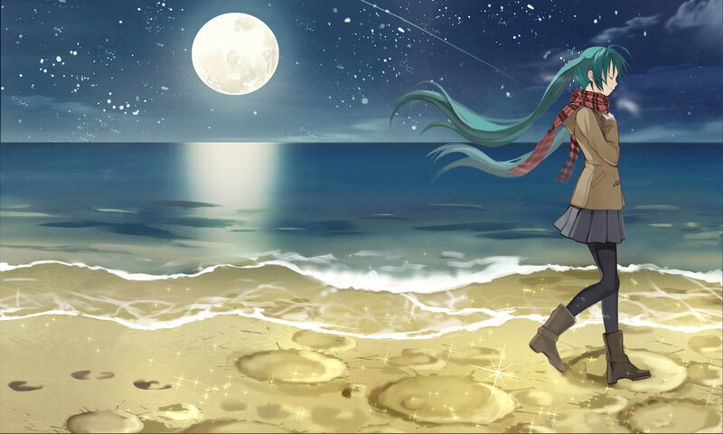 Anime Girl on Beach — Blue, Serene, Night, Digital Art, Moon, Ocean