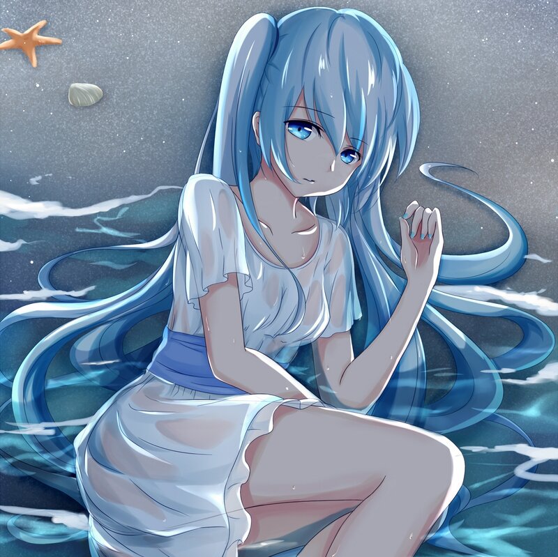 Anime Girl on Beach — Blue, Serene, Night, Digital Art, Starfish