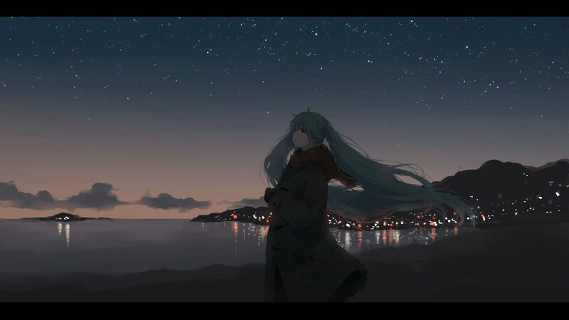Anime Girl on Beach — Blue, Serene, Night, Digital Art, Starry Sky