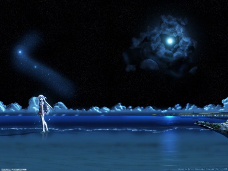 Anime Girl on Beach — Blue, Serene, Night