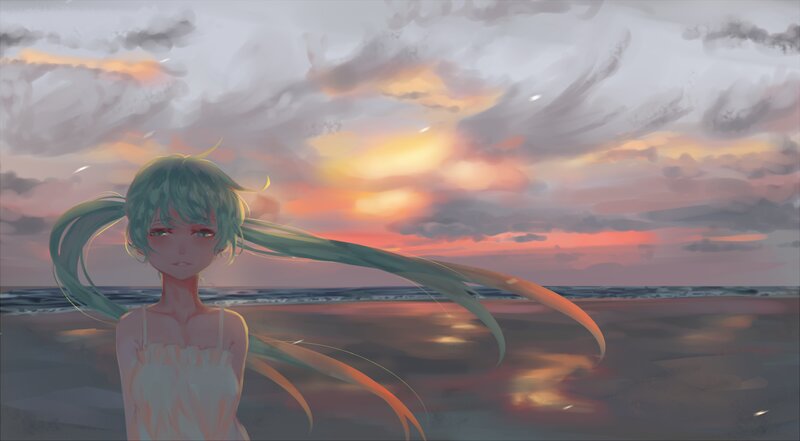 Anime Girl on Beach — Blue, Serene, Sunset, Digital Art, Ocean
