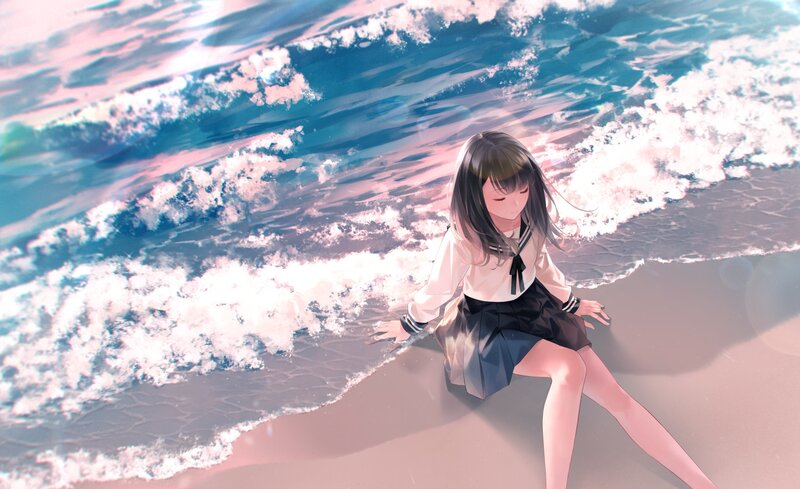Anime Girl on Beach — Blue, Serene, Sunset, Digital Art, Ocean, Waves