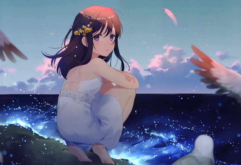 Anime Girl on Beach — Blue, Serene, Sunset, Digital Art, Seagulls