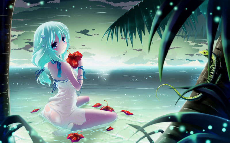 Anime Girl on Beach — Blue, Serene, Sunset
