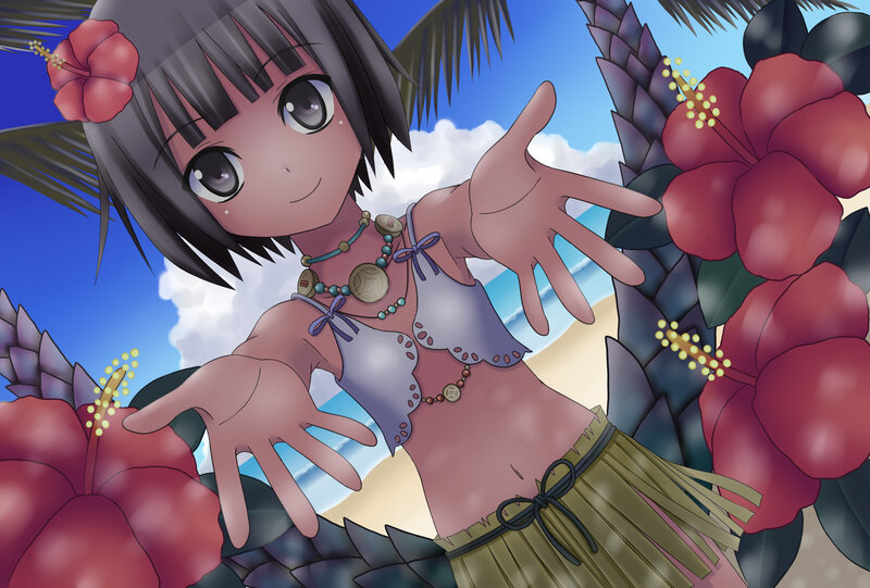 Anime Girl on Beach — Blue, Tropical
