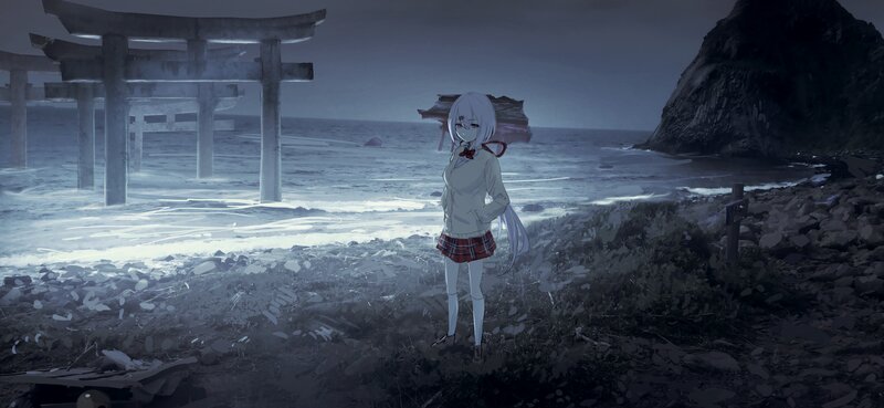 Anime Girl on Beach — Gray