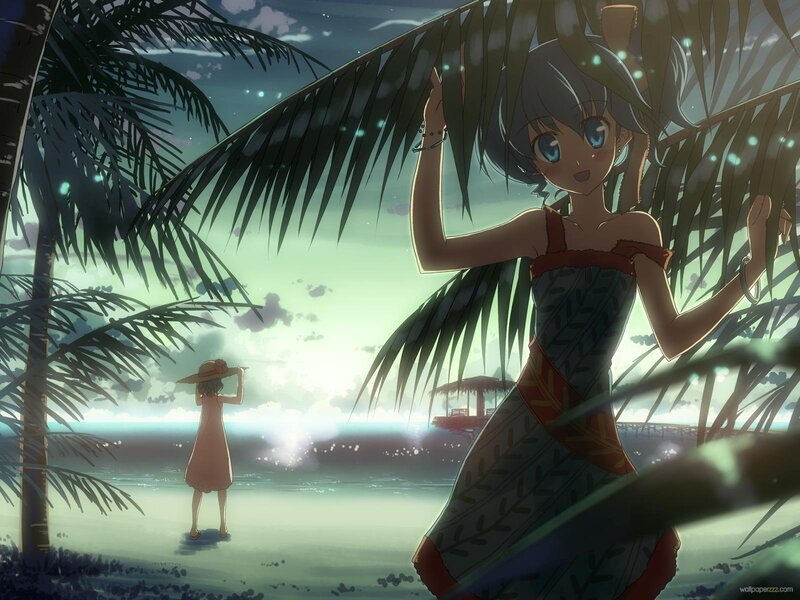 Anime Girl on Beach — Green, Serene