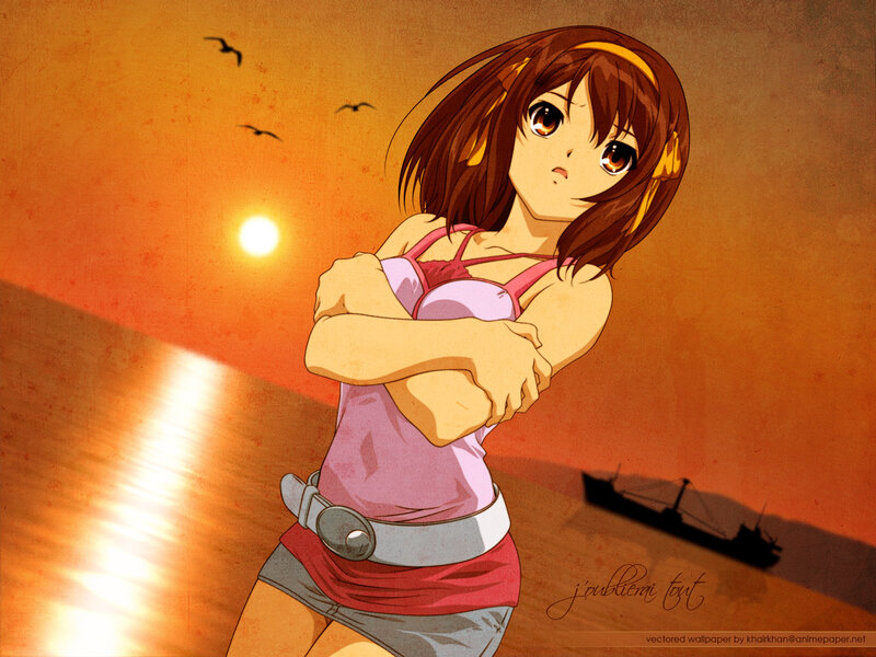 Anime Girl on Beach — Orange, Dramatic, Sunset, Birds, Ship
