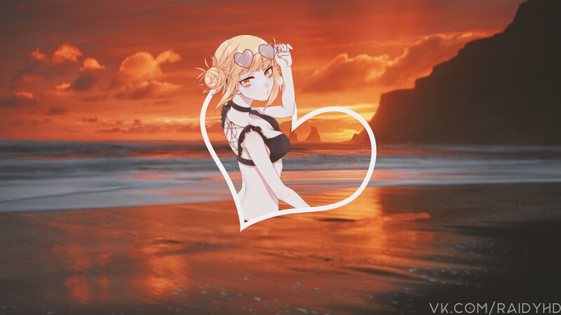 Anime Girl on Beach — Orange, Dramatic, Sunset, Heart Frame