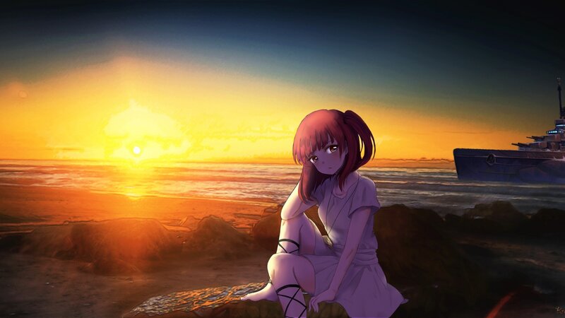 Anime Girl on Beach — Orange, Dramatic, Sunset