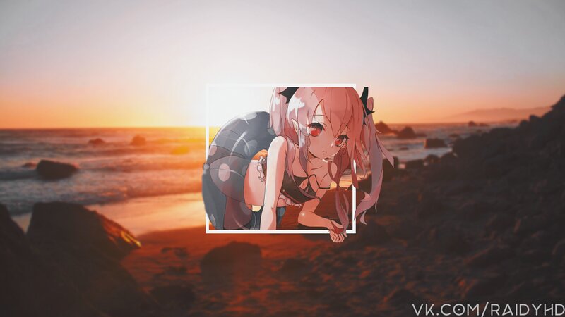 Anime Girl on Beach — Orange, Serene, Sunset, Digital Art, Ocean