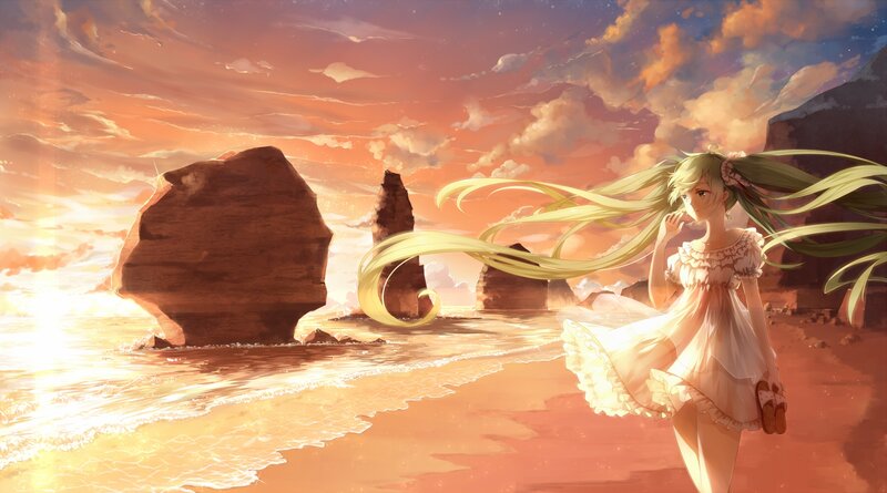 Anime Girl on Beach — Orange, Serene, Sunset, Digital Art, Rocks