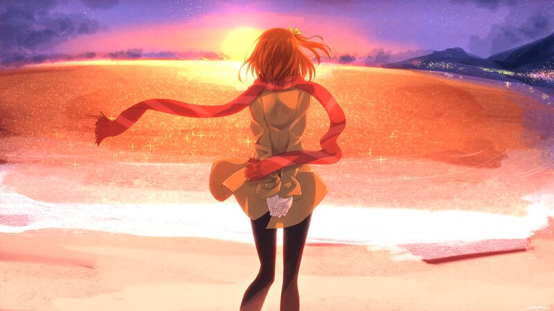 Anime Girl on Beach — Orange, Serene, Sunset, Digital Art, Scarf