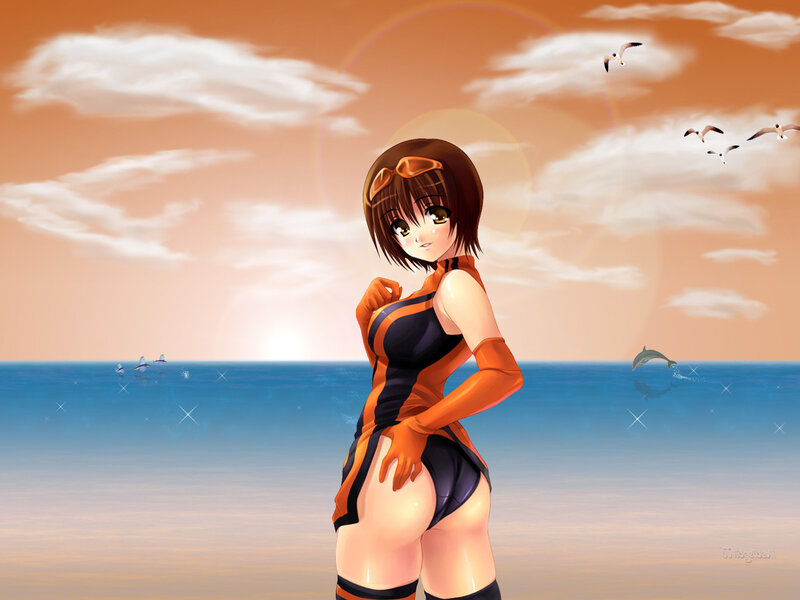Anime Girl on Beach — Orange, Serene, Sunset, Digital Art, Seagulls