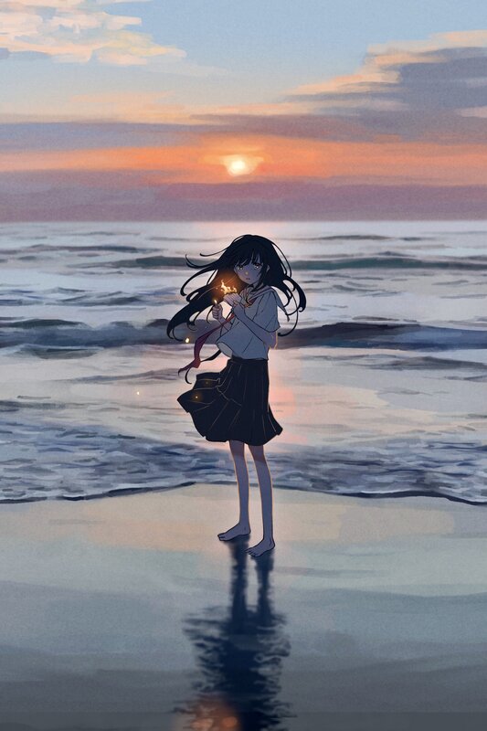 Anime Girl on Beach — Orange, Serene, Sunset, Digital Art, Sparkler