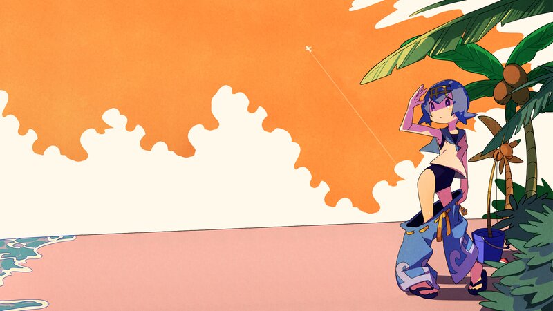 Anime Girl on Beach — Orange, Serene, Sunset, Palm Tree