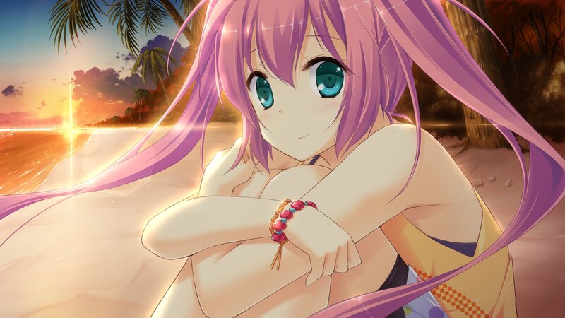 Anime Girl on Beach — Pink, Serene, Sunset, Digital Art