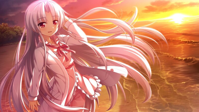 Anime Girl on Beach — Pink, Serene, Sunset, Long Hair
