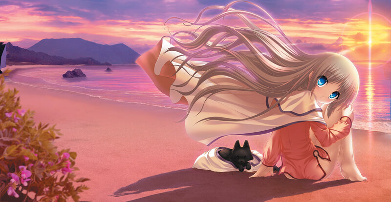 Anime Girl on Beach — Pink, Serene, Sunset
