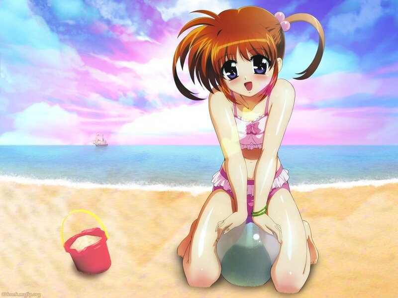 Anime Girl on Beach — Pink, Serene