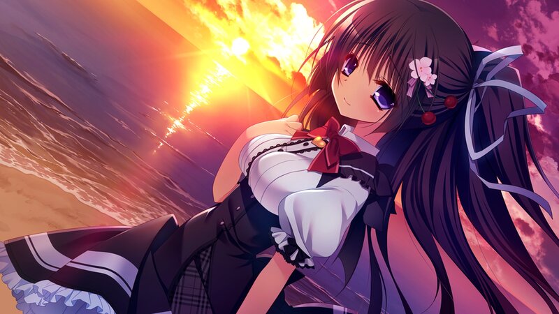 Anime Girl on Beach — Purple, Dramatic, Sunset, Ocean