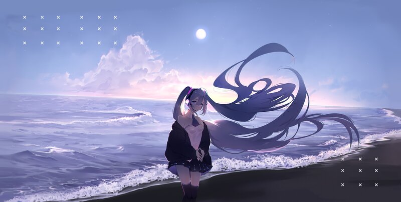 Anime Girl on Beach — Purple, Serene, Night, Digital Art