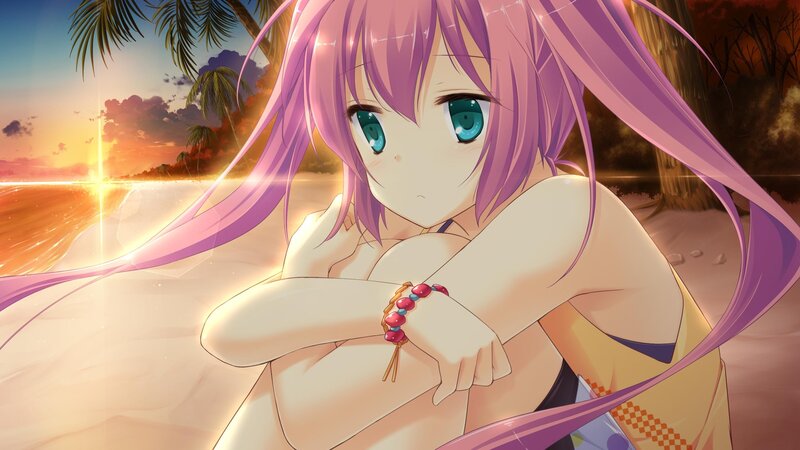 Anime Girl on Beach — Purple, Serene, Sunset, Palm Trees
