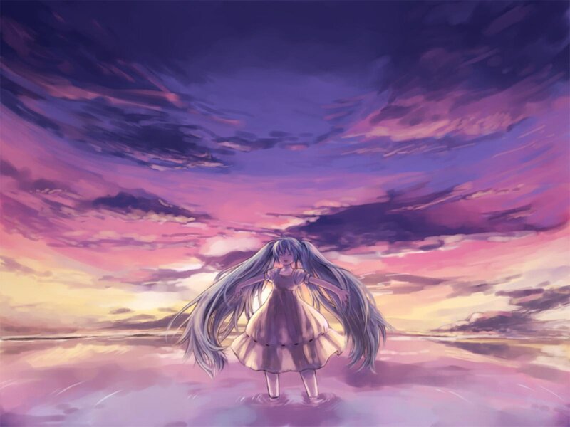Anime Girl on Beach — Purple, Serene